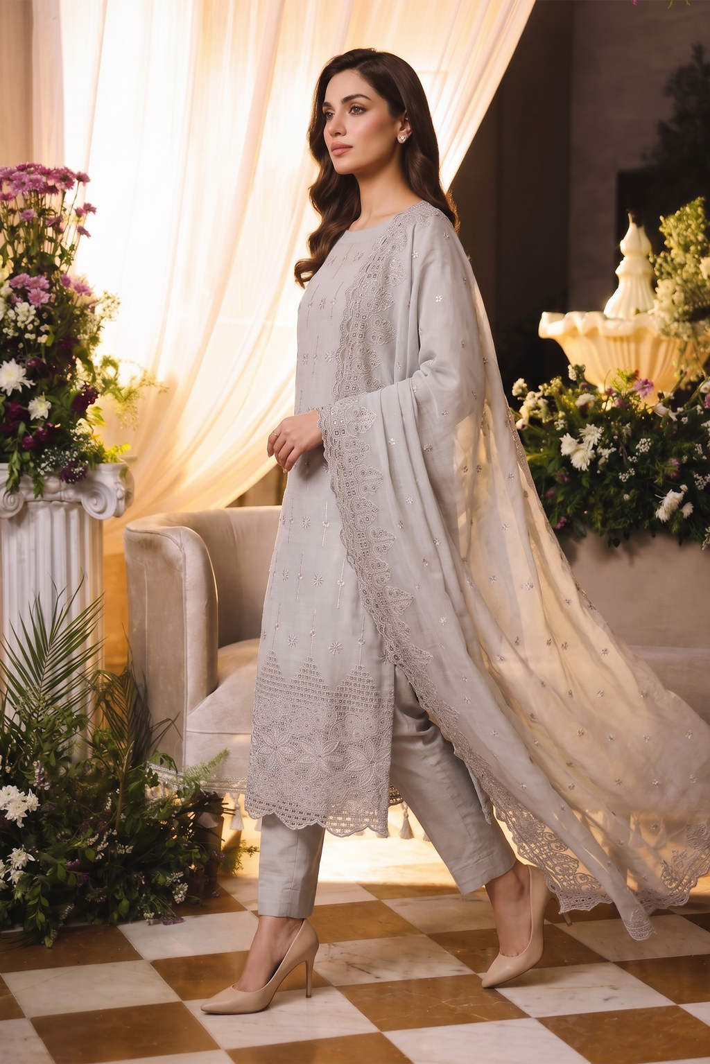 Embroidered Chiffon Chikan Kari 01