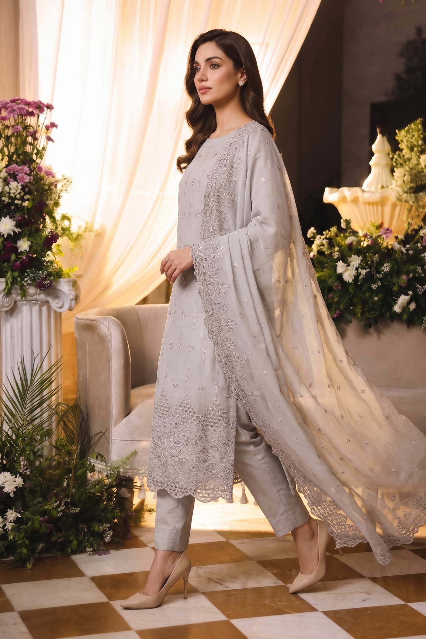 Embroidered Chiffon Chikan Kari 01